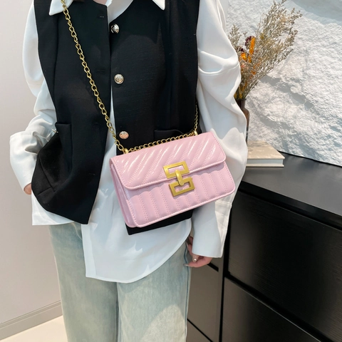 Borsa a Spalla Donna in PU Trapuntata Retrò Piccola Borsa Quadrata Chiusura Geometrica Oro Tracolla a Catena Quotidiano