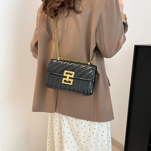 Borsa a Tracolla in Pelle PU Trapuntata Vintage per Donna Borsa a Spalla con Catena Lucida alla Moda con Fibbia in Metallo Borsa a Patta Quadrata alla Moda
