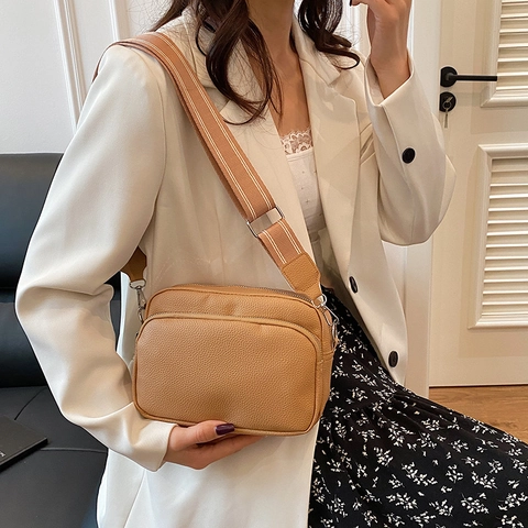 Sac Bandoulière Femme en Cuir PU Motif Litchi Minimaliste Bandoulière Large Rayée Double Fermeture Éclair Petit Sac Carré