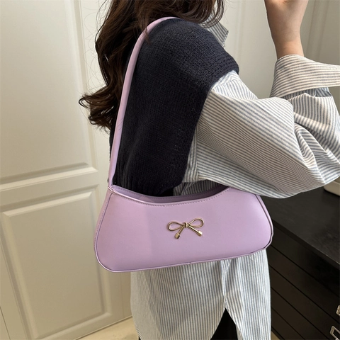 Bolso Axilar de Cuero PU Minimalista para Mujer Decoración de Lazo Vintage Bolso de Hombro Color Sólido Casual Moda