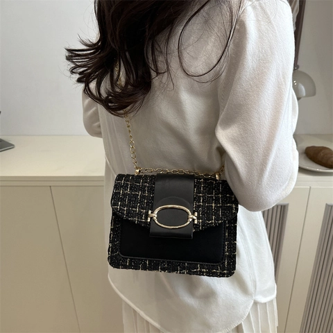 Sac à Épaule Femme en Tweed Patchwork Avec Bandoulière Chaîne Dorée Élégant Petit Sac Bandoulière Carré Vintage pour le Quotidien