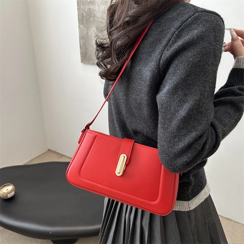 Bolso Sobaco de Cuero Sintético Minimalista para Mujer Tendencia Callejera Color Sólido Bolso de Hombro Con Hebilla de Metal Para Viaje Diario