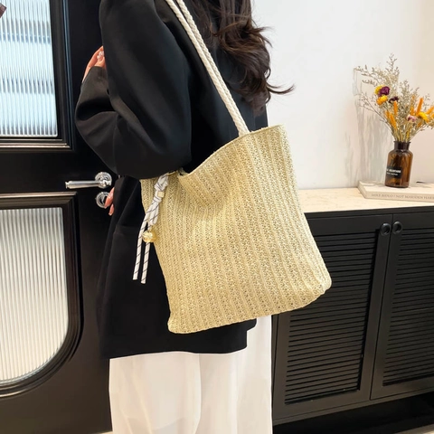 Borsa Tote da Donna in Paglia Intrecciata di Grande Capacità Borsa a Tracolla Casual per la Spiaggia Con Manico in Corda