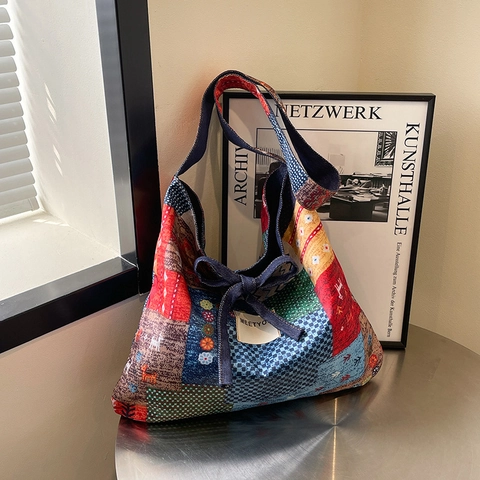 Women Retro Patchwork Tote Bag Colorful Ethnic Pattern Shoulder Bag Polyester Handbag With Bow Knot Decoration