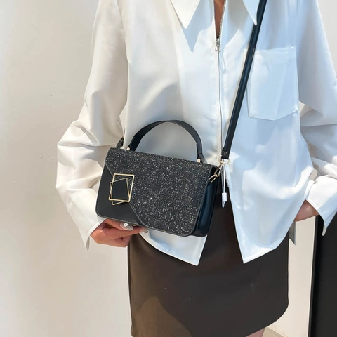 Women Fashion Glitter PU Leather Crossbody Bag Glitter Flap Shoulder Bag Small Square Handbag With Metal Buckle For Party Daily