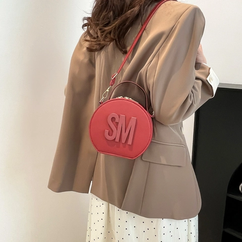 Women Fashion Round Crossbody Bag PU Leather SM Letter Small Circle Shoulder Handbag Double Zipper Adjustable Strap Bag