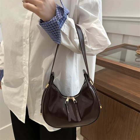 Bolso Hobo de Media Luna de Cuero PU Brillante para Mujer Bolso de Axila Minimalista de Color Sólido Con Cremallera Doble Bolso de Hombro Moda Retro