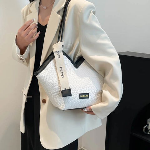 Vintage PU Leder Große Kapazität Tragetasche Für Damen Webtextur Umhängetasche Mit Dekorativem Band Pendler Handtasche