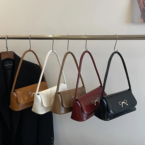 Women Korean Glossy PU Leather Underarm Bag Vintage Chic Shoulder Bag With Metal Bowknot Flap Small Square Handbag