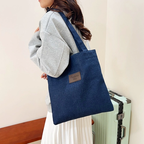 Women Casual Denim Tote Bag Large Capacity Minimalist Solid Color Dark Blue Denim Shoulder Bag For Student School Commute