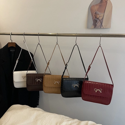 Dames Vintage PU Leer Krokodil Patroon Schoudertas Met Gouden Strik Metalen Gesp Mode Crossbody Vierkante Tas