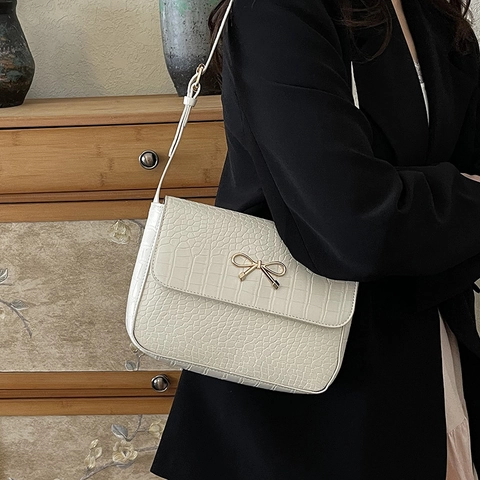 Dames Vintage PU Leer Krokodil Patroon Schoudertas Met Gouden Strik Metalen Gesp Mode Crossbody Vierkante Tas