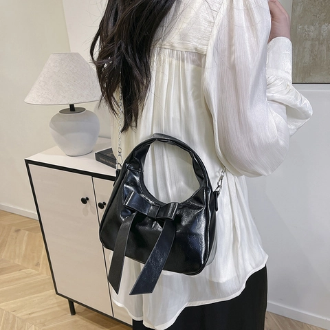 Bolso de Hombro con Lazo a la Moda para Mujer Bolso Bandolera de Cuero PU Elegante con Cadena de Metal Color Sólido