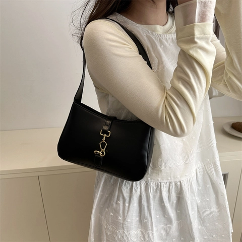 Bolso de Axila de Cuero PU Retro para Mujer Diseño de Hebilla de Pistón Vintage Bolso Bandolera Color Sólido Moda Diaria