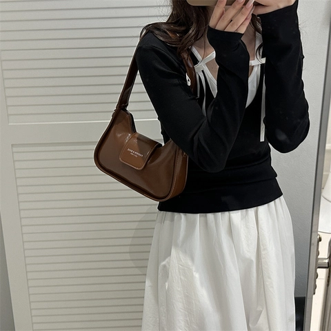 Women Vintage PU Leather Underarm Bag Fashion Simple Solid Color Shoulder Crossbody Bag With Stitching Detail Trendy Purse
