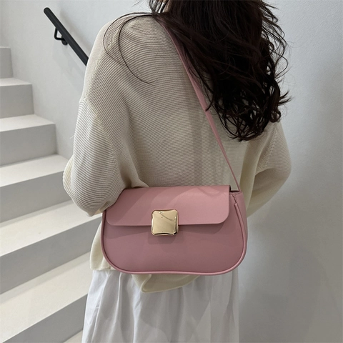 Bolso de Hombro Minimalista de Cuero PU para Mujer Moda Color Sólido Hebilla Dorada Bolso Cuadrado Casual Diario