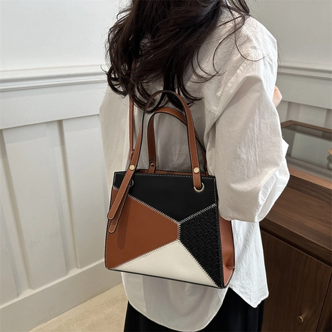 Bolso de Hombro de Cuero PU Retro Patchwork Geométrico Bolso Bandolera Cuadrado Horizontal Color Contraste Mujer Trendy Tote