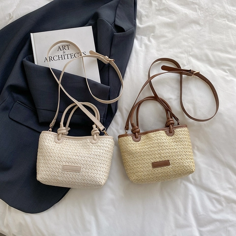 Damen Casual Stroh Beuteltasche Handgewebte Umhängetasche Mit Lederbesatz Sommer Strand Urlaub Tote Handtasche