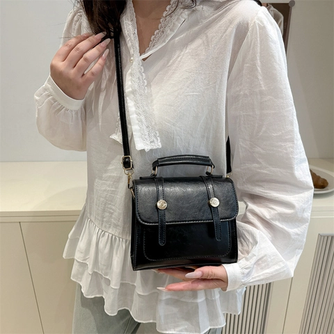 Vintage PU Leather Small Square Shoulder Bag For Women Retro Casual Crossbody Bag With Top Handle Metal Buckle Handbag