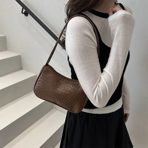 Woven Underarm Shoulder Bag For Women PU Leather Solid Color Elegant Crossbody Small Square Fashion Daily Messenger Bag
