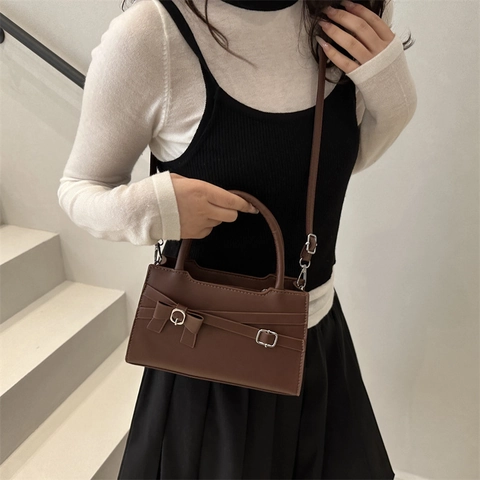 Niche Ontwerp PU Leer Kleine Vierkante Tas Met Strik Decoratie Metalen Gesp Dames Handtas Schoudertas Crossbody Tas Dagelijks