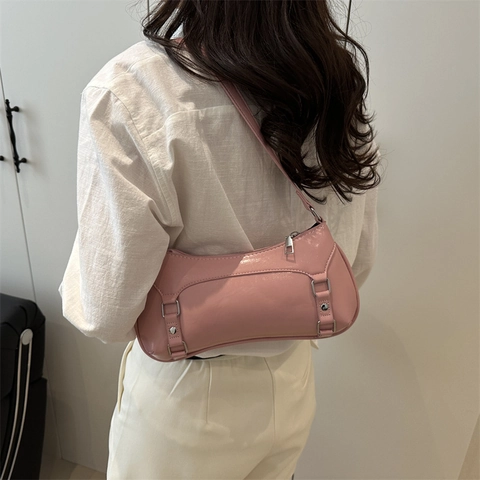 Bolso de Axila para Mujer de Cuero PU Minimalista Color Sólido Bolso de Hombro Baguette Estilo Retro Ocio Diario