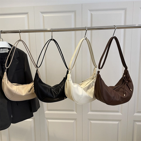 Trendy Women Crescent Hobo Bag Textured PU Leather Solid Color Dumpling Shape Shoulder Bag Niche Design Fashion Crossbody Handbag