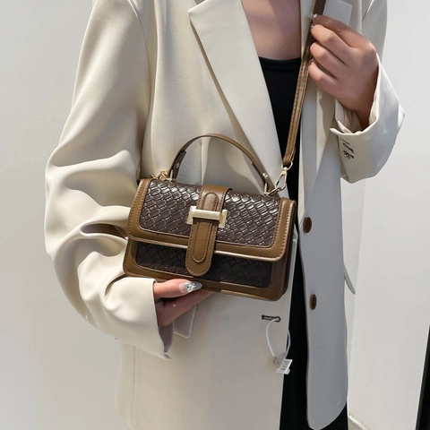 Borsa a Tracolla da Donna in Pelle PU Vintage Trama Intrecciata Borsa a Mano Retro con Chiusura in Metallo Piccola Borsa Quadrata