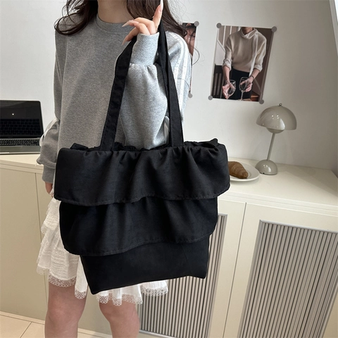 Sac Cabas en Toile de Grande Capacité pour Femmes Décoration à Volants Douce Sac à Épaule Style Coréen Sac à Main Plissé