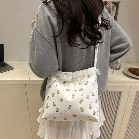 Sac à Bandoulière en Toile Avec Bordure en Dentelle Pour Femmes Ours de Dessin Animé Sac Cabas Mode Sac à Main Décontracté