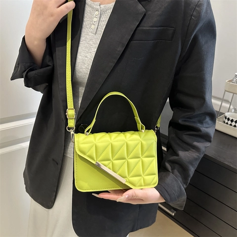 Women Geometric Quilted PU Leather Shoulder Bag Small Square Crossbody Handbag With Top Handle Metal Decoration Trendy Daily Tote