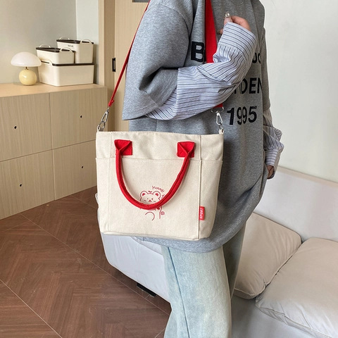 Petit Sac Seau en Toile Décontracté pour Femmes Couleur Contrastée Ours de Dessin Animé Sac à Main Bandoulière Tote pour Navette Quotidienne