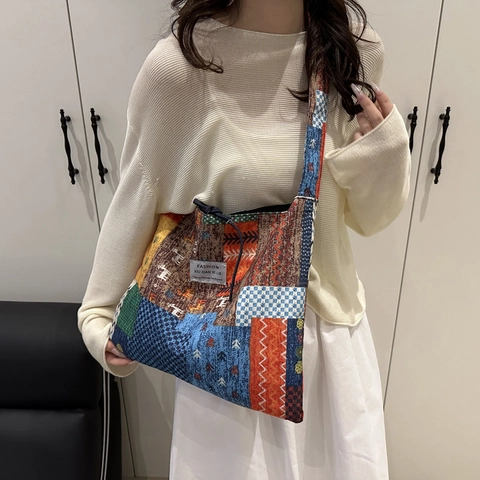 Trendy Canvas Patchwork Tote Bag For Women Casual Large Capacity Shoulder Bag With Drawstring Solid Blue And Multi Color