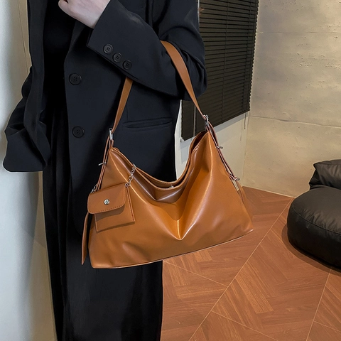 Women Large Capacity PU Leather Shoulder Bag Minimalist Hobo Tote Bag With Small Coin Purse Silver Chain Fashion Commuting Bag