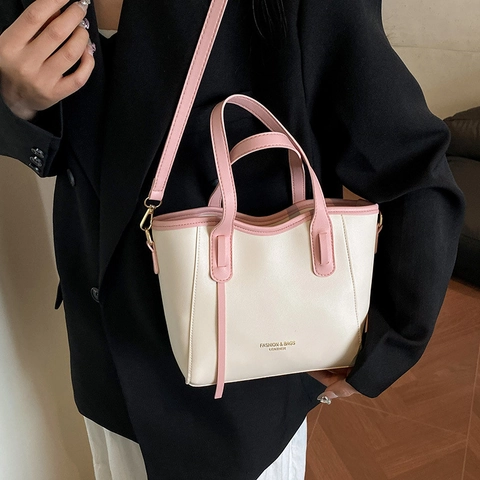 Women Fashion PU Leather Bucket Tote Bag Minimalist Contrast Color Shoulder Crossbody Bag For Commuting Daily Lady Handbag