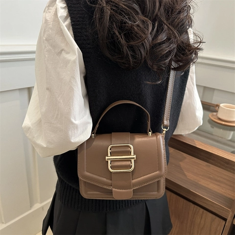 Borsa a Spalla Vintage in Pelle PU per Donna Fibbia Quadrata Oro Borsa a Mano Casual Moda Tinta Unita Retrò Tracolla