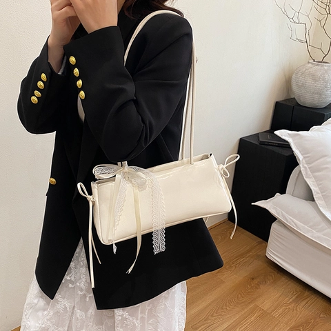 Women Fashion PU Leather Underarm Bag Sweet Lace Bow Shoulder Bag Elegant Baguette Bag For Daily Dating Small Square Bag