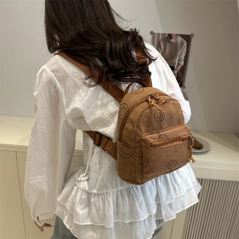 Mini Mochila Vintage de Pana para Mujer Estilo Japonés Estampado de Smiley Casual Cartera de Estudiante Mochila Pequeña Color Sólido