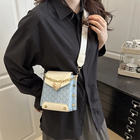 Women's Mini Monogram Crossbody Bag PU Leather Heart Lock Gold Chain Wide Strap Small Square Shoulder Bag
