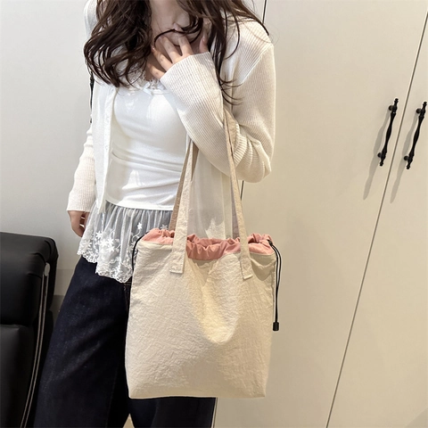 Borsa Tote in Tela a Grande Capacità per Donna Borsa a Spalla con Coulisse Minimalista Casual Leggera Borsa a Mano alla Moda
