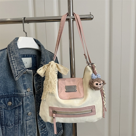 Borsa Tote in Tela Estetica da Donna Zaino Multifunzionale Borsa a Tracolla Dolce Patchwork Borsa per Pendolari Quotidiani Con Fiocco