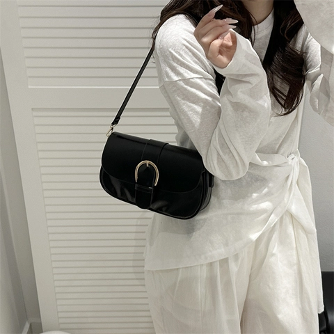 Niche Design Kleine Vierkante Tas Dames Mode PU Leer Schoudertas Retro Hoefijzergesp Flap Crossbody Tas Casual Handtas