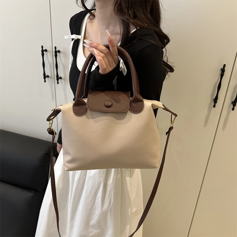 Bolso de Hombro para Mujer de Cuero PU Color de Contraste Gran Capacidad Patrón de Litchi Bolso Almohada Con Correa Ajustable