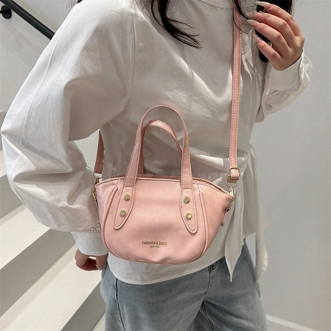 Fashion PU Leather Bucket Bag For Women Minimalist Rivet Decor Shoulder Crossbody Bag Casual Street Trend Handbag Purse