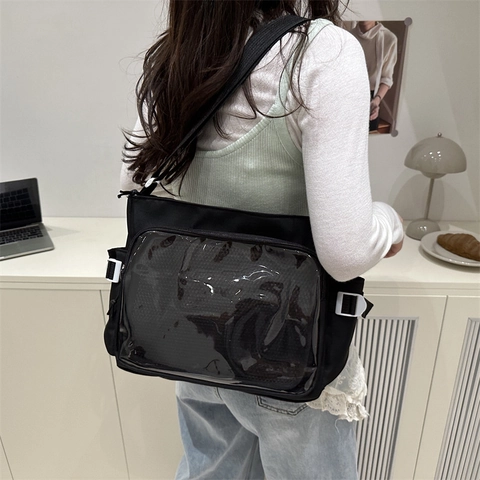 Japanese Style Canvas Ita Bag Transparent PVC Window Shoulder Bag Large Capacity Crossbody Tote Bag For Anime Fans Women