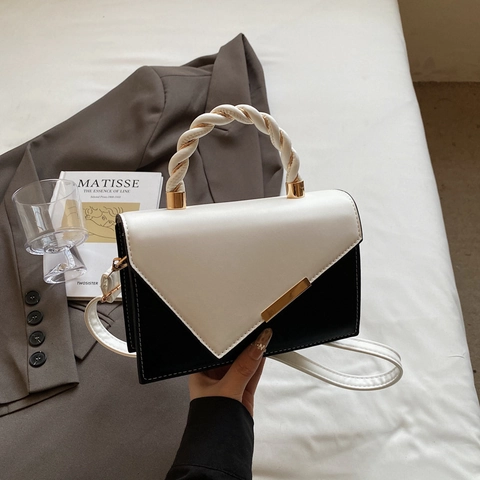 Μοντέρνα Τετράγωνη Τσάντα από Δέρμα PU Color-blocked Με Πλεκτή Λαβή Μεταλλική Διακόσμηση Τσάντα Χιαστί Γυναικεία Τσάντα