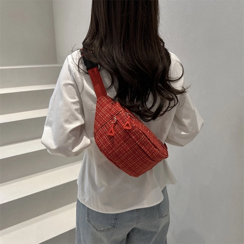 Neue Koreanische Mode Karierte Tweed Umhängetasche Brusttasche Für Damen Große Kapazität Leichte Schulter Gürteltasche