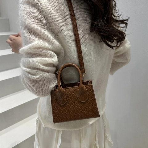 Moda Donna Mini Borsa Quadrata in Pelle PU Motivo Intrecciato Borsa a Tracolla Elegante Borsa a Mano Con Tracolla Regolabile Per Uso Quotidiano