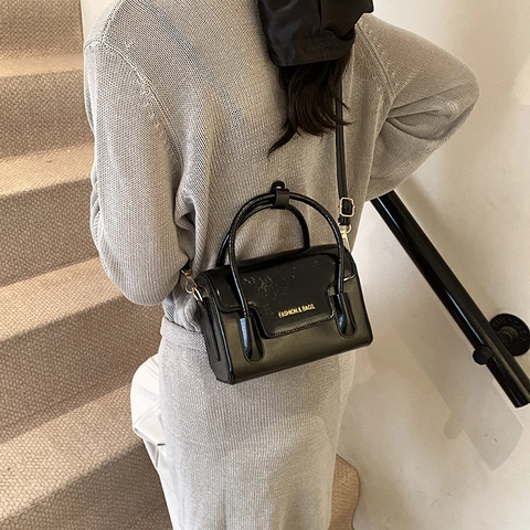 Fashion Women Glossy PU Leather Small Square Crossbody Bag Vintage Letter Print Handbag Ladies Shoulder Daily Commuting Bag