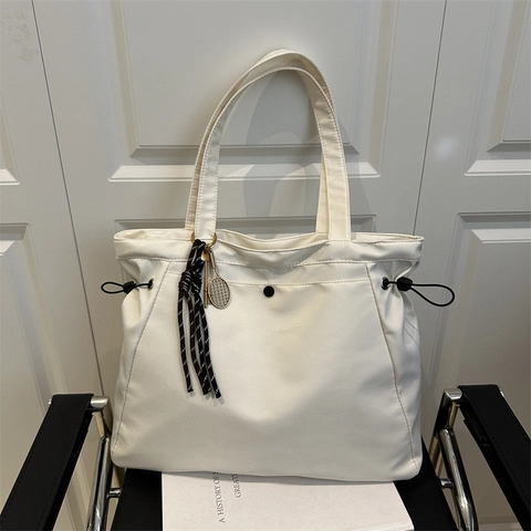 Women Large Capacity Nylon Tote Bag Lightweight Solid Color Shoulder Bag With Drawstring And Tennis Racket Charm For Daily Commute